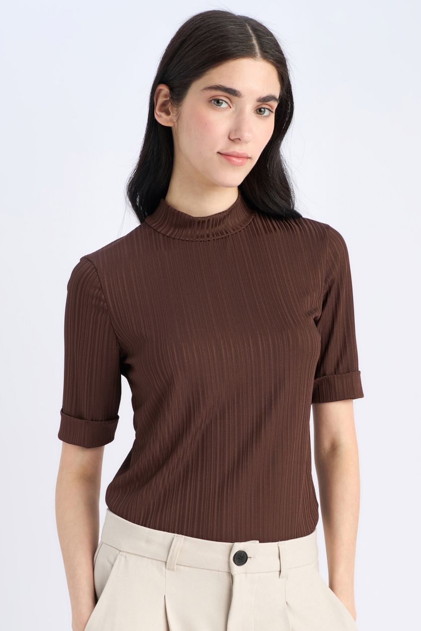WOMAN Brown Slim Fit Half Turtleneck Ribbed Camisole Short Sleeve T-Shirt