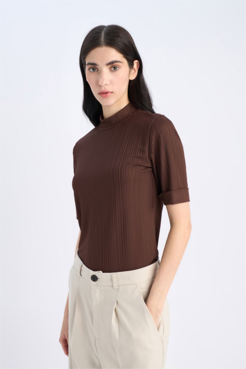 WOMAN Brown Slim Fit Half Turtleneck Ribbed Camisole Short Sleeve T-Shirt