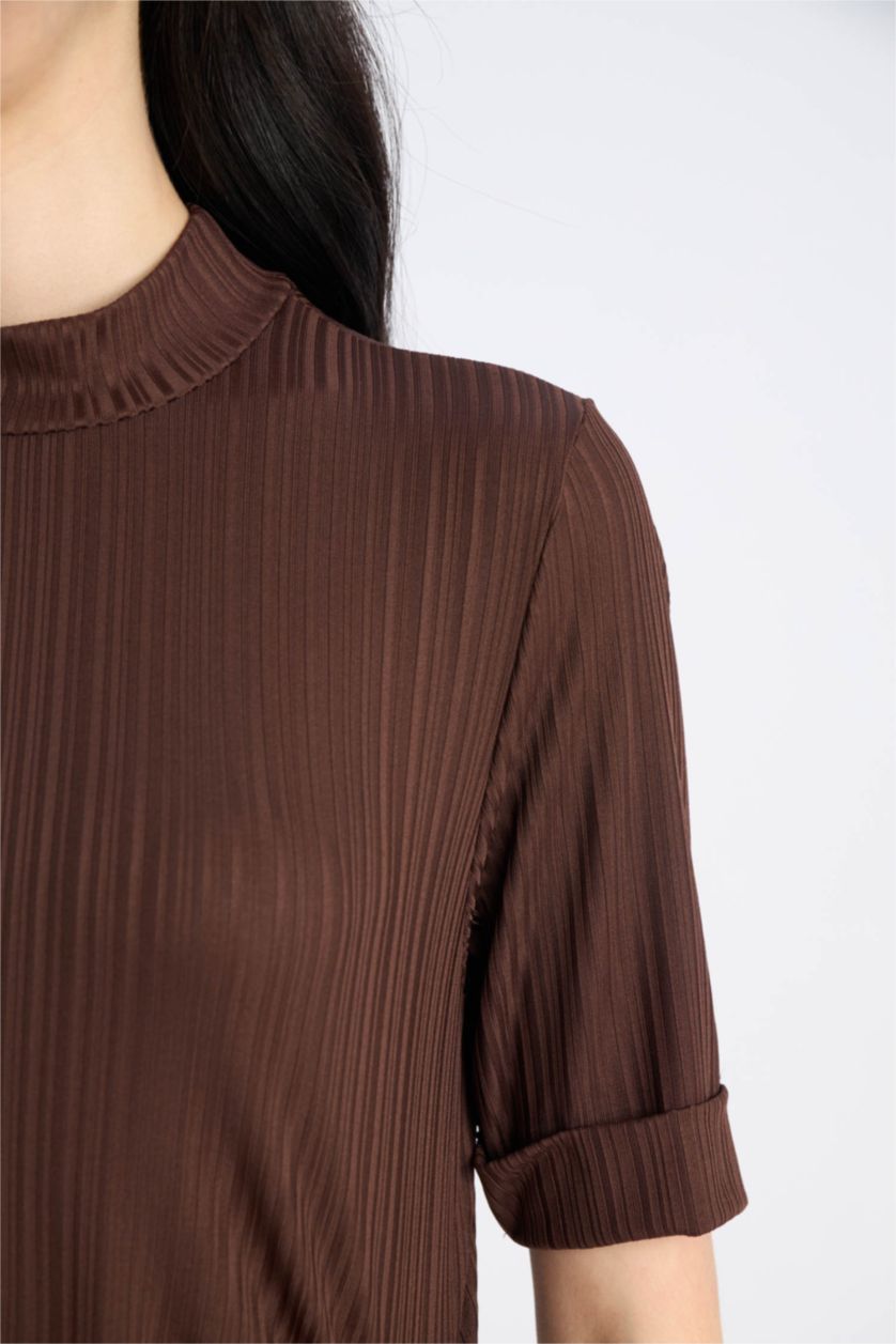 WOMAN Brown Slim Fit Half Turtleneck Ribbed Camisole Short Sleeve T-Shirt
