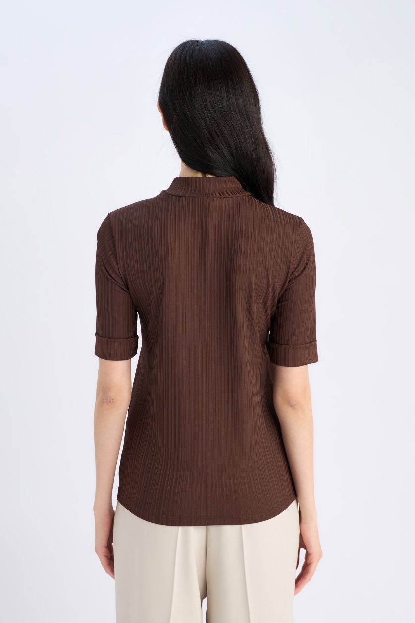 WOMAN Brown Slim Fit Half Turtleneck Ribbed Camisole Short Sleeve T-Shirt