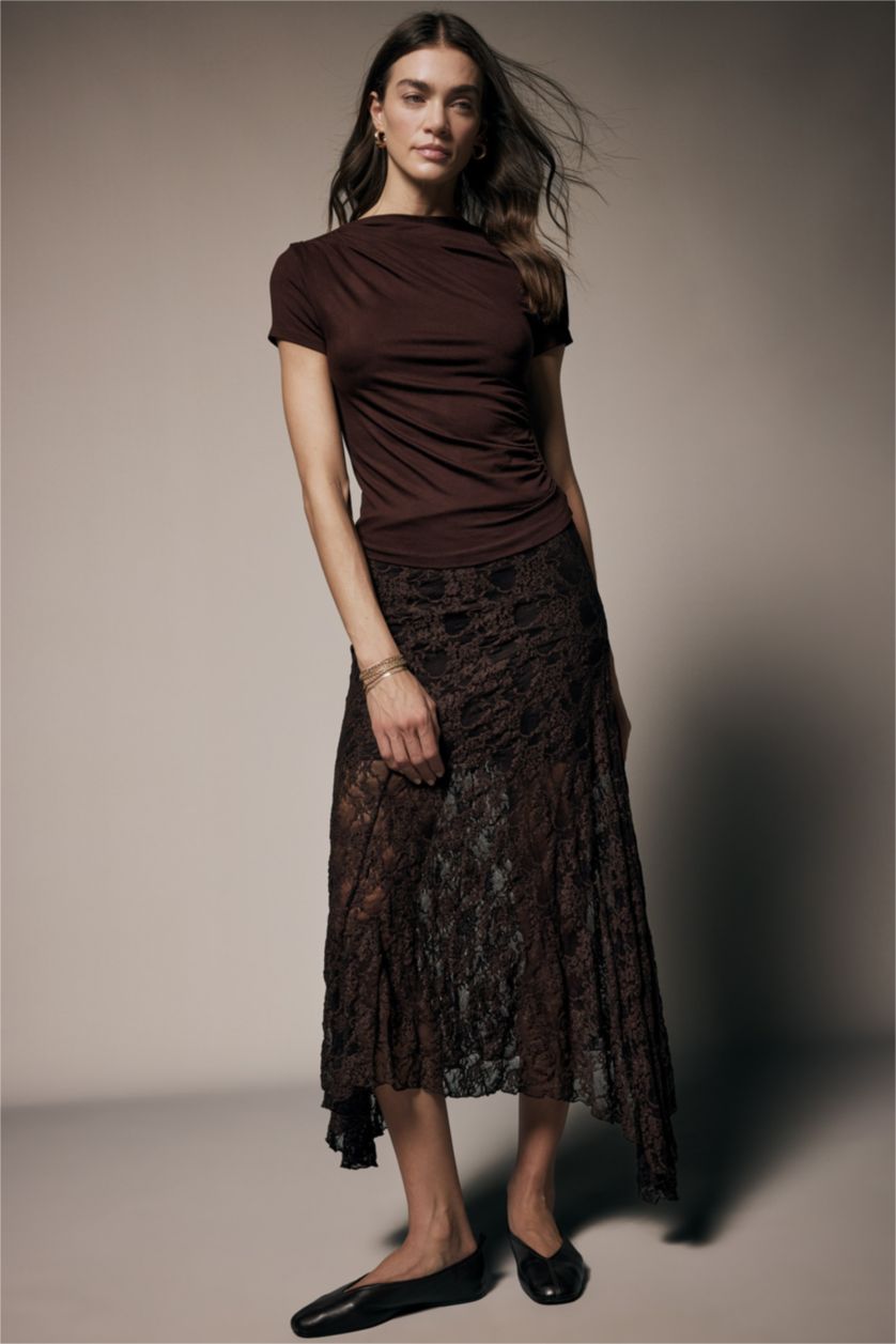 Woman Brown Slim Fit Boat Neck Soft Touch Short Sleeve T-Shirt