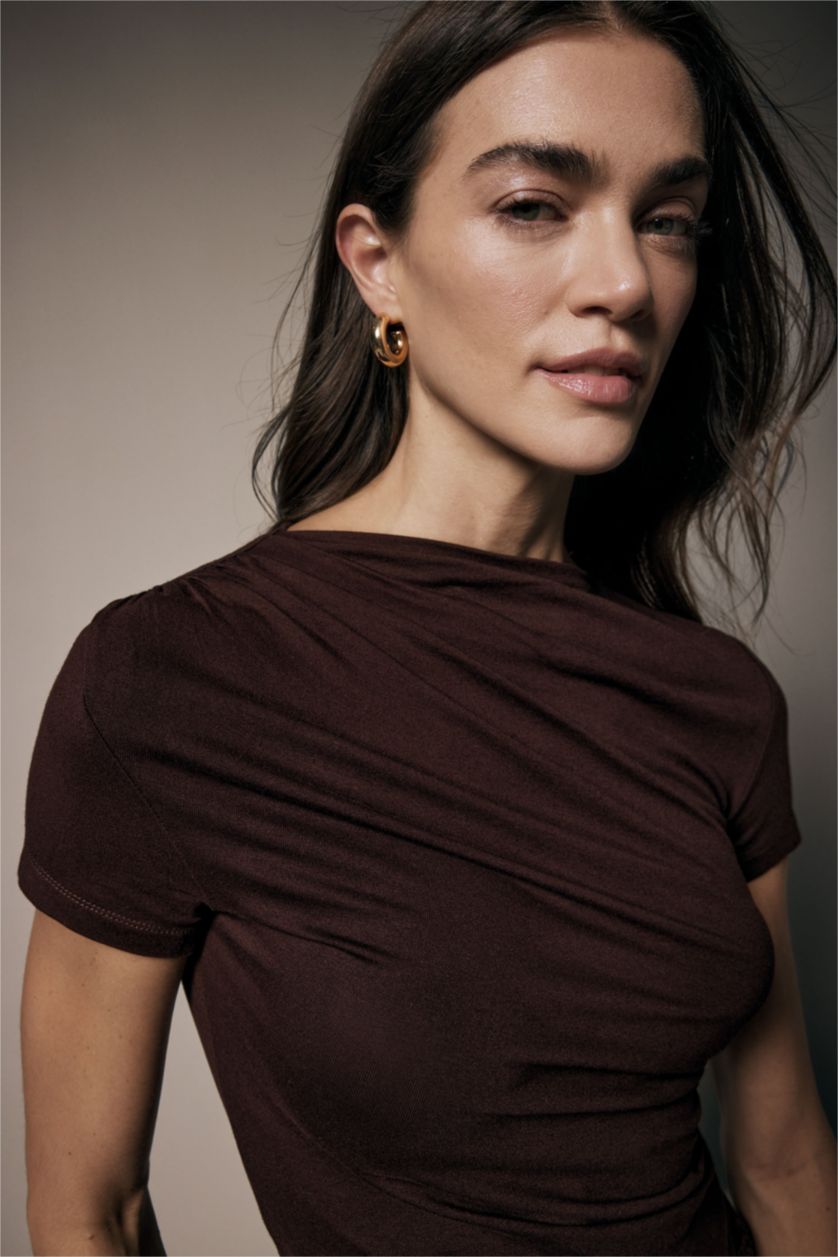 Woman Brown Slim Fit Boat Neck Soft Touch Short Sleeve T-Shirt