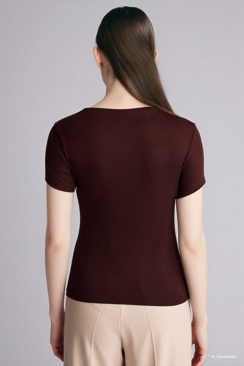 Women Brown Slim Fit Boat Collar Short Sleeve T-Shirt