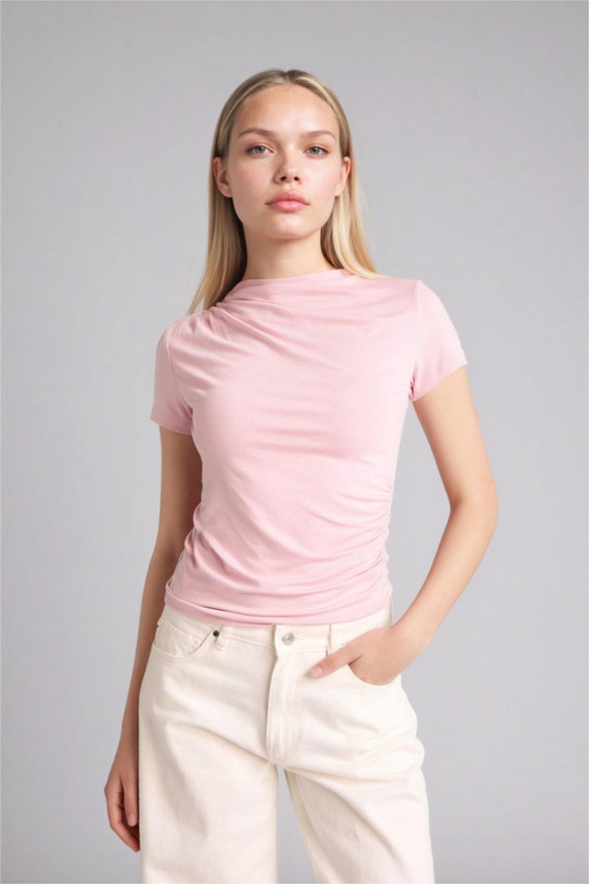 Женщины Светло-розовый Футболка Slim Fit с вырезом лодочка и коротким рукавом