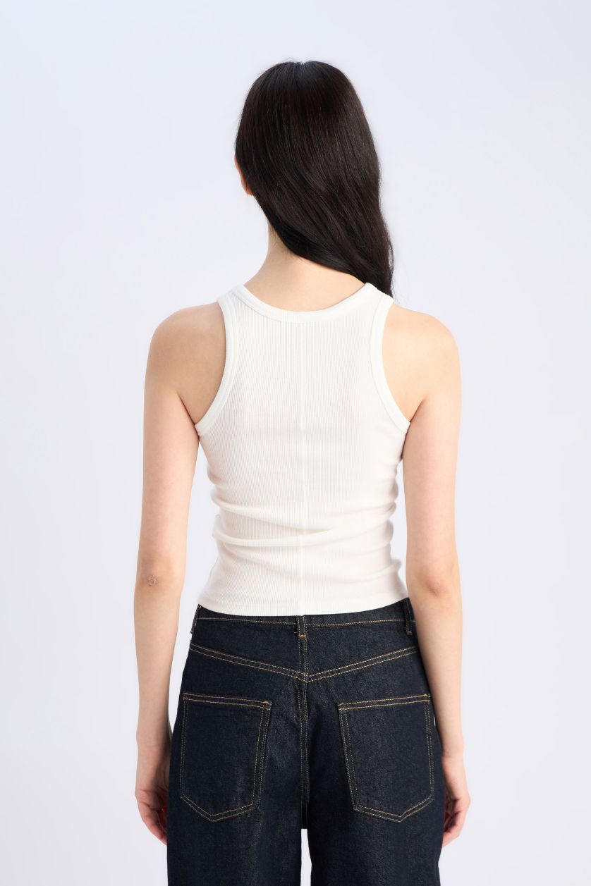 Woman Ecru Slim Fit Camisole Halter Collar Tank Top