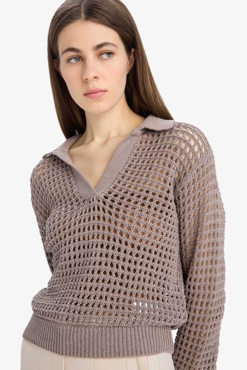 Женщины Визон Трикотажный свитер-поло свободного кроя с ажурным узором