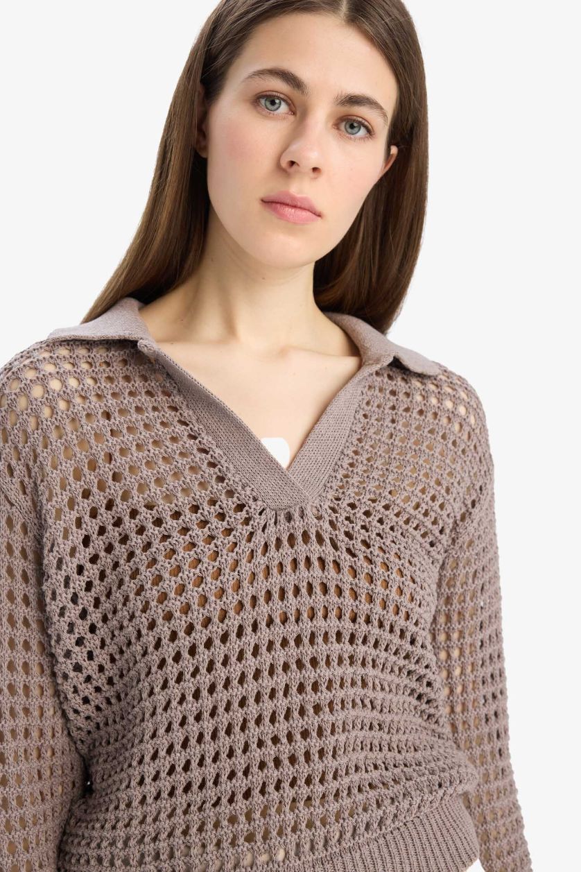 Женщины Визон Трикотажный свитер-поло свободного кроя с ажурным узором