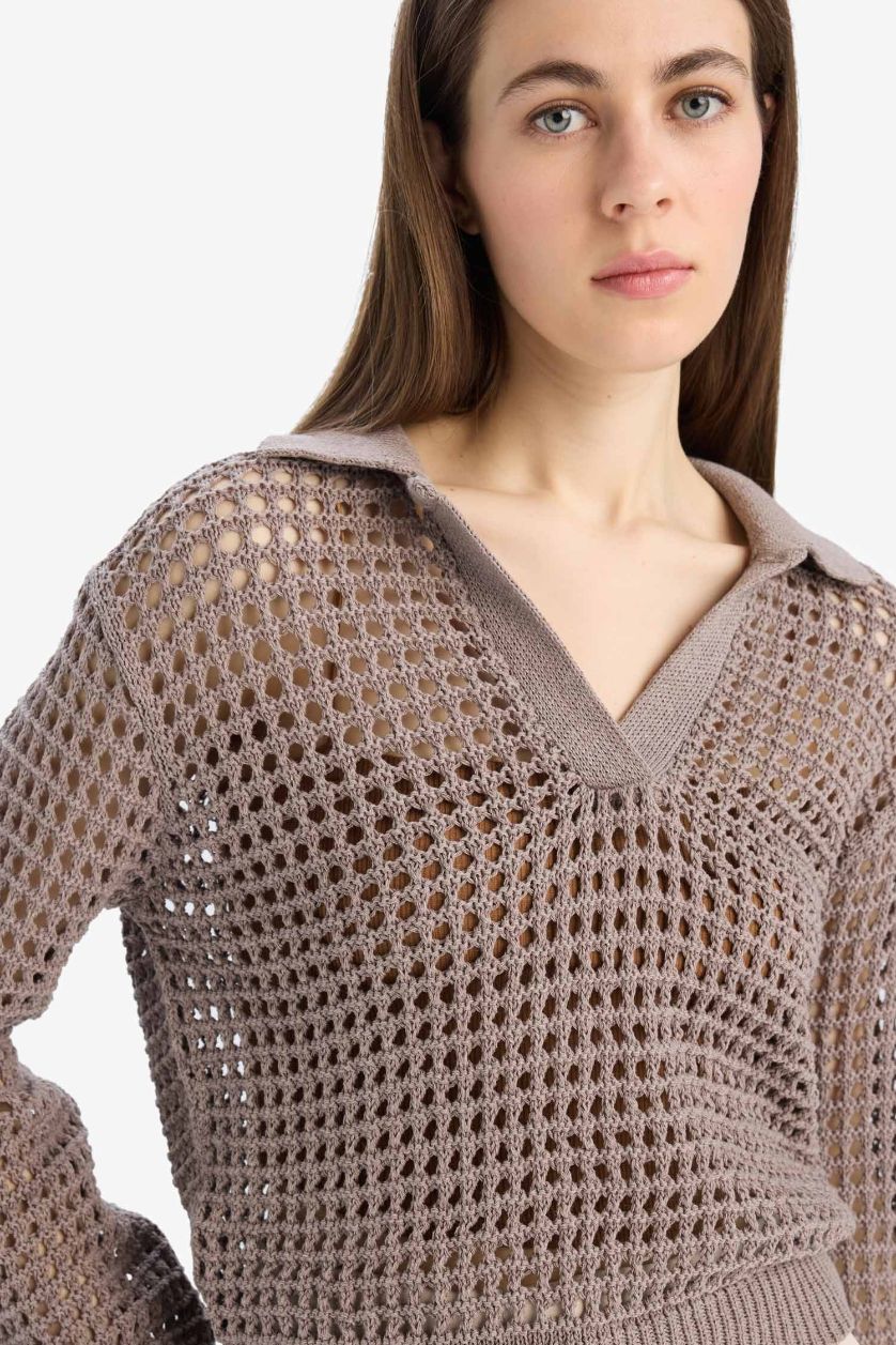 Женщины Визон Трикотажный свитер-поло свободного кроя с ажурным узором