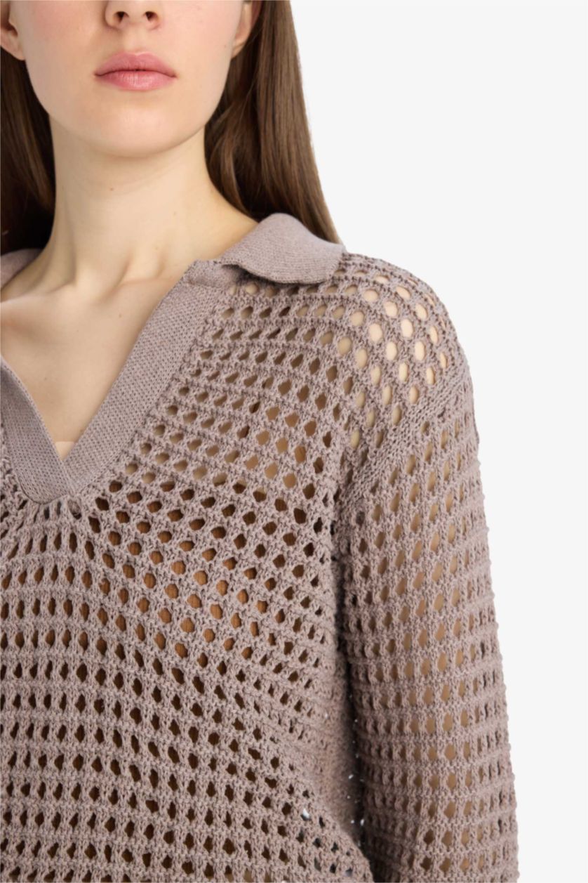 Женщины Визон Трикотажный свитер-поло свободного кроя с ажурным узором