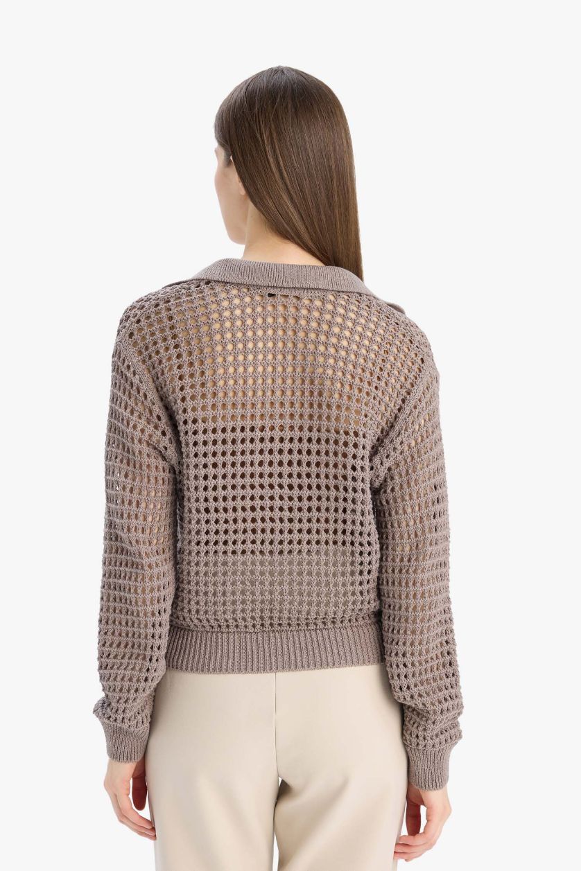 Женщины Визон Трикотажный свитер-поло свободного кроя с ажурным узором