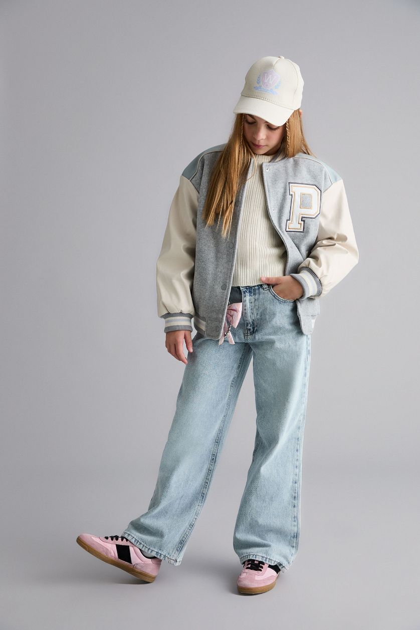 Kız Çocuk - Genç Kız Gri Melanj Kolej Yaka Sırt Baskılı Bomber Mont Kız Çocuk