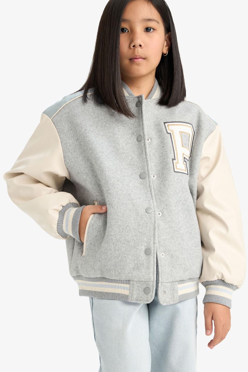 Kız Çocuk - Genç Kız Gri Melanj Kolej Yaka Sırt Baskılı Bomber Mont Kız Çocuk