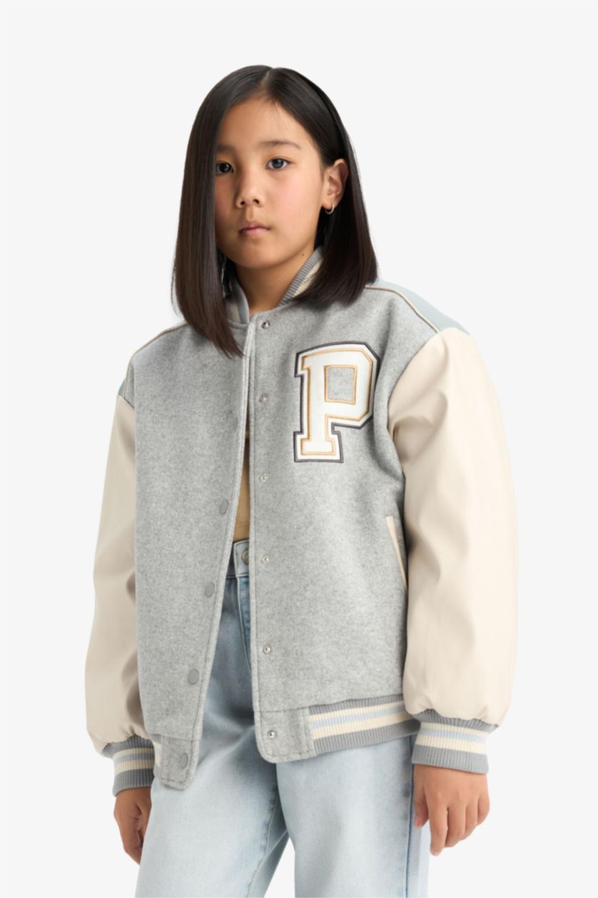 Kız Çocuk - Genç Kız Gri Melanj Kolej Yaka Sırt Baskılı Bomber Mont Kız Çocuk