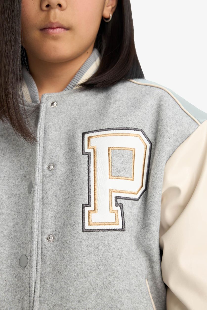 Kız Çocuk - Genç Kız Gri Melanj Kolej Yaka Sırt Baskılı Bomber Mont Kız Çocuk