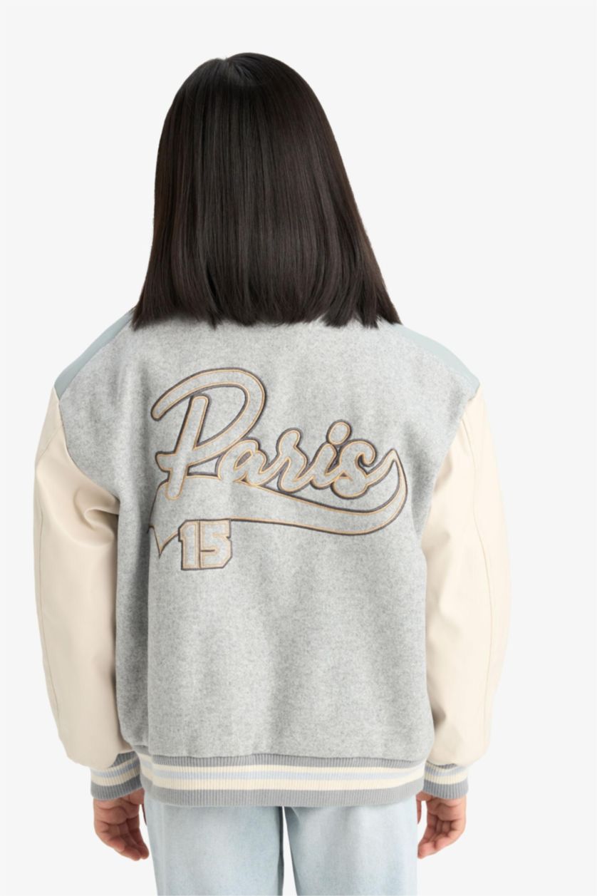 Kız Çocuk - Genç Kız Gri Melanj Kolej Yaka Sırt Baskılı Bomber Mont Kız Çocuk