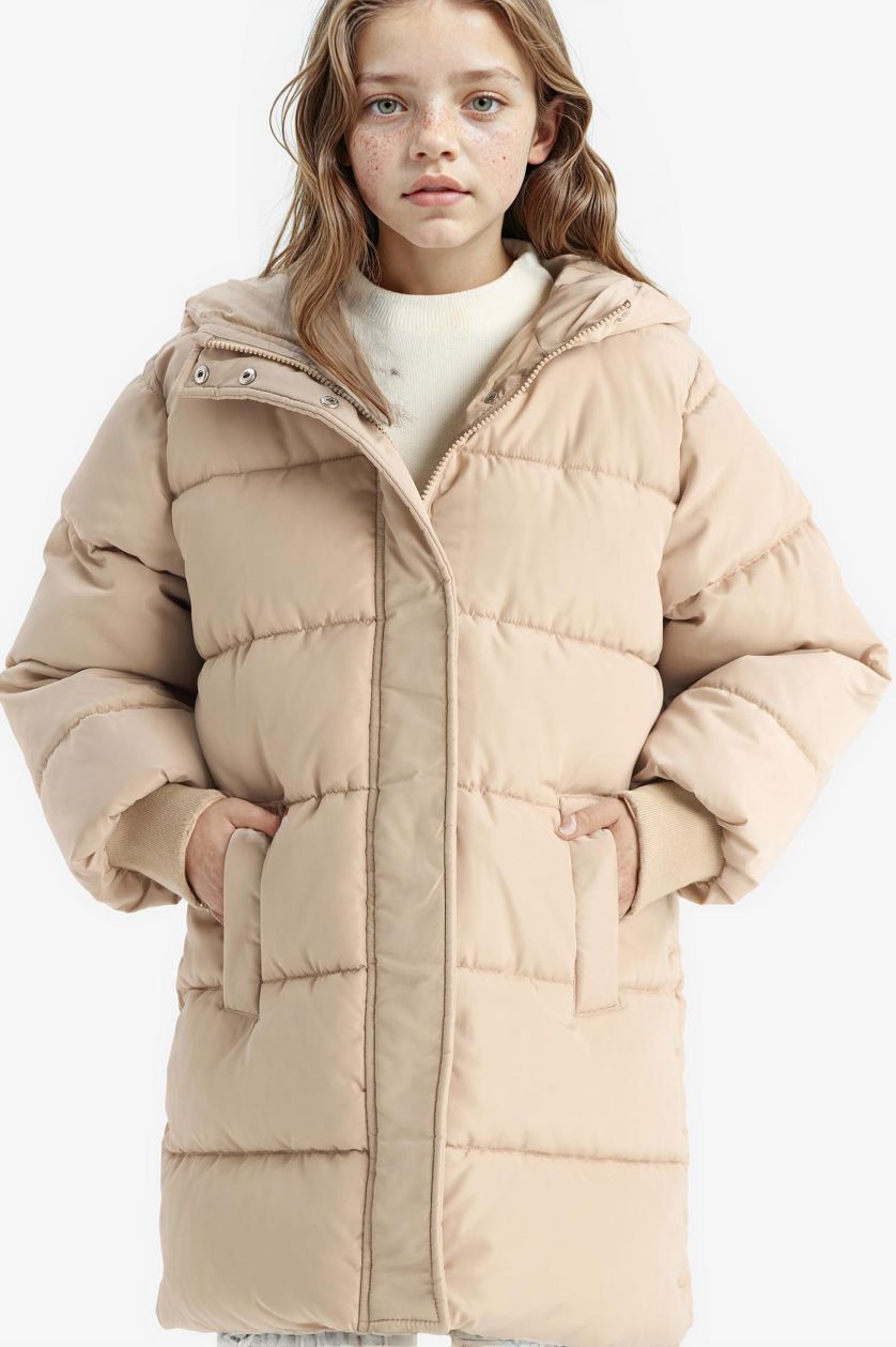 Girls & Teens Beige Girl Hooded Zippered Waterproof Puffer Jacket