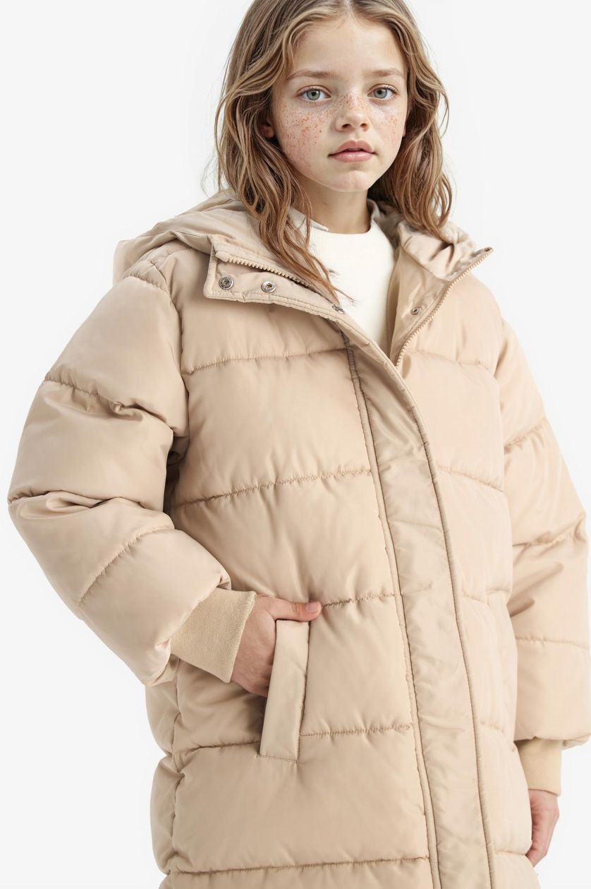 Girls & Teens Beige Girl Hooded Zippered Waterproof Puffer Jacket