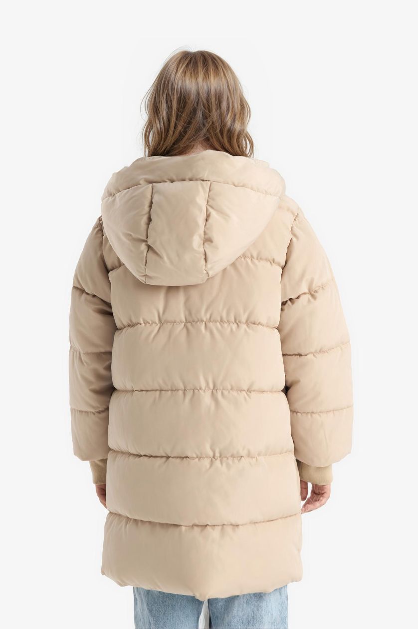 Girls & Teens Beige Girl Hooded Zippered Waterproof Puffer Jacket