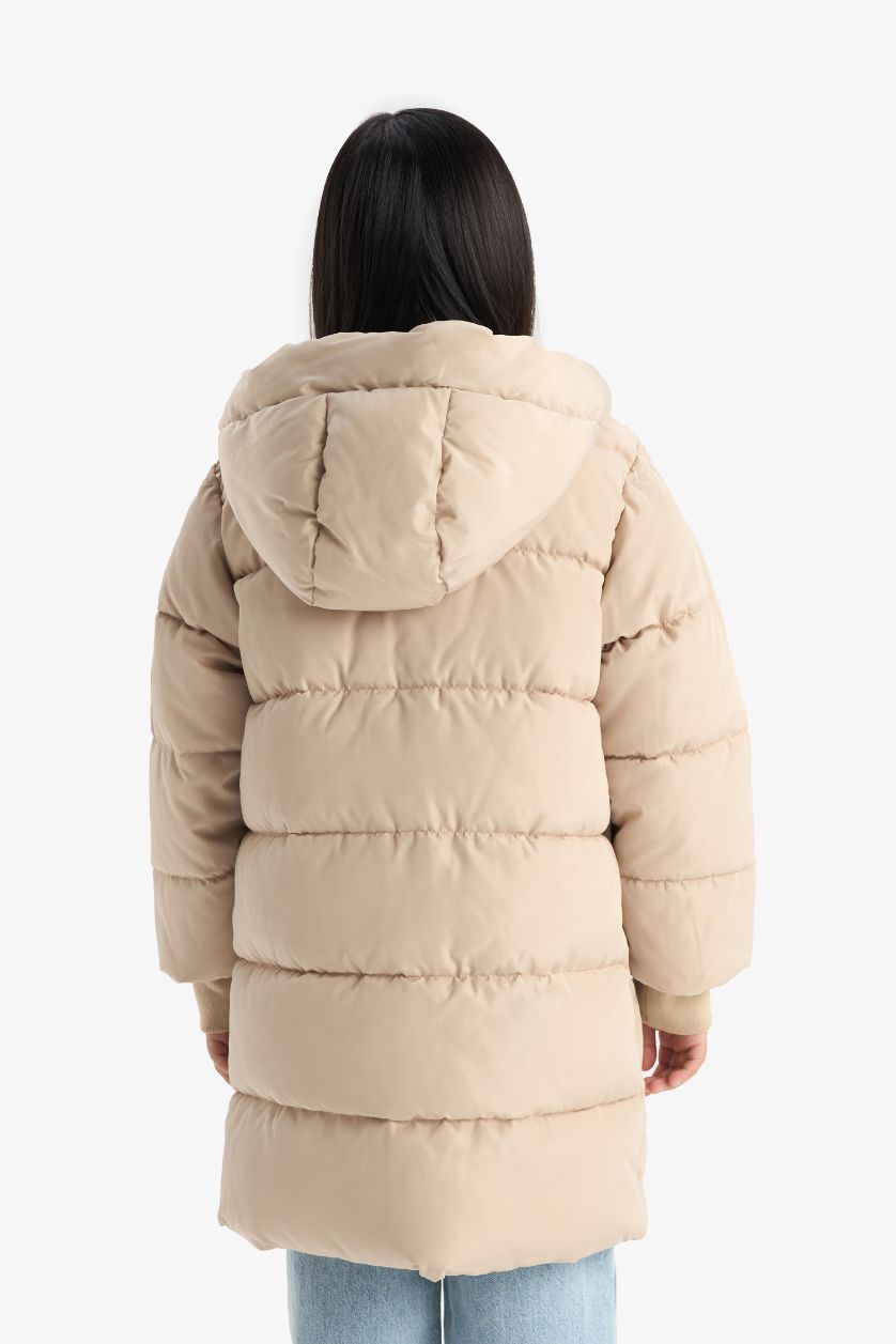 Girls & Teens Beige Girl Hooded Zippered Waterproof Puffer Jacket