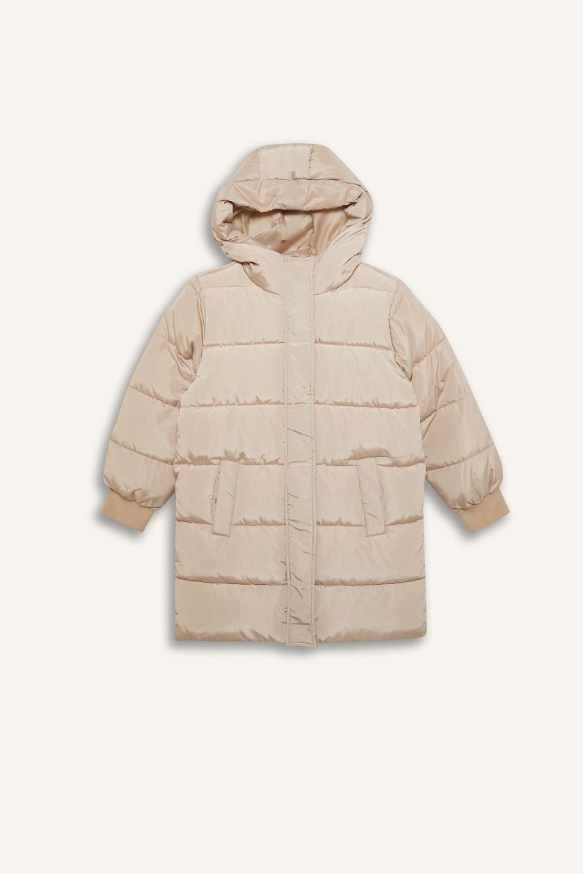 Girls & Teens Beige Girl Hooded Zippered Waterproof Puffer Jacket