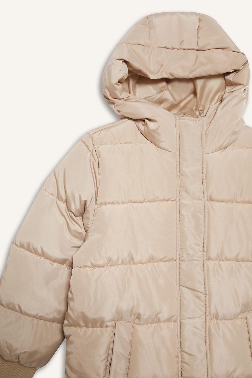 Girls & Teens Beige Girl Hooded Zippered Waterproof Puffer Jacket