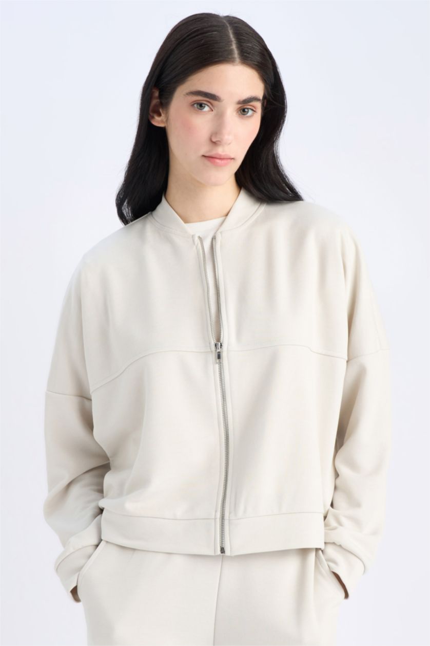 FEMME Beige Cardigan bomber zippé à coupe décontractée
