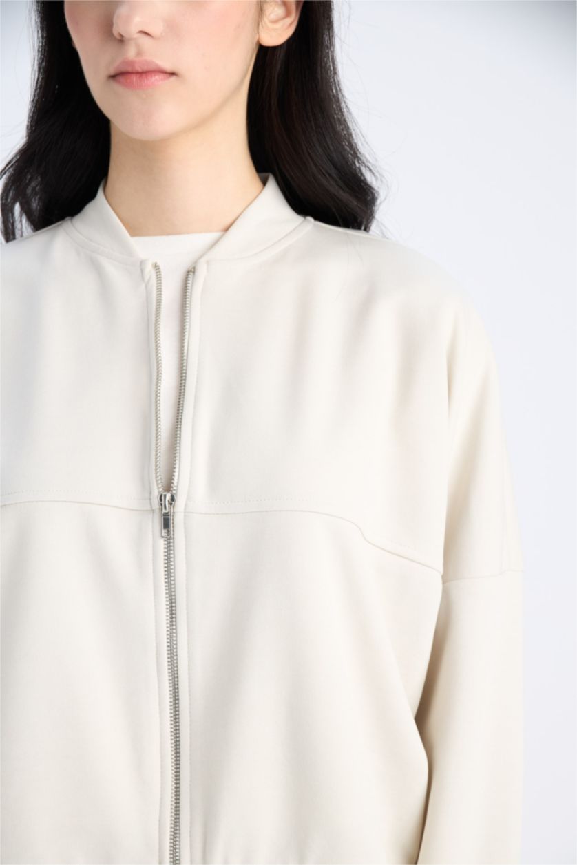 FEMME Beige Cardigan bomber zippé à coupe décontractée