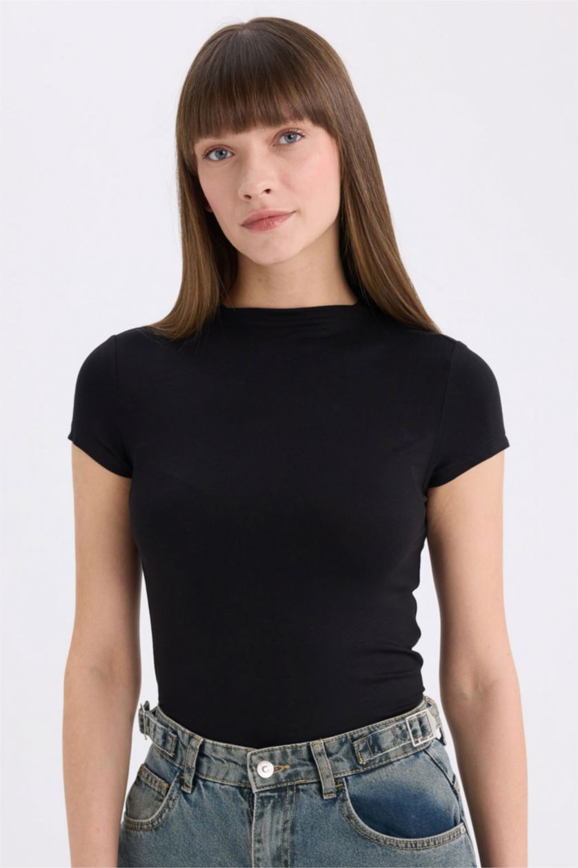 WOMAN Black Slim Fit Half Turtleneck Basic Short Sleeve T-Shirt