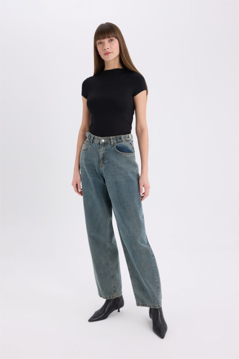 WOMAN Black Slim Fit Half Turtleneck Basic Short Sleeve T-Shirt