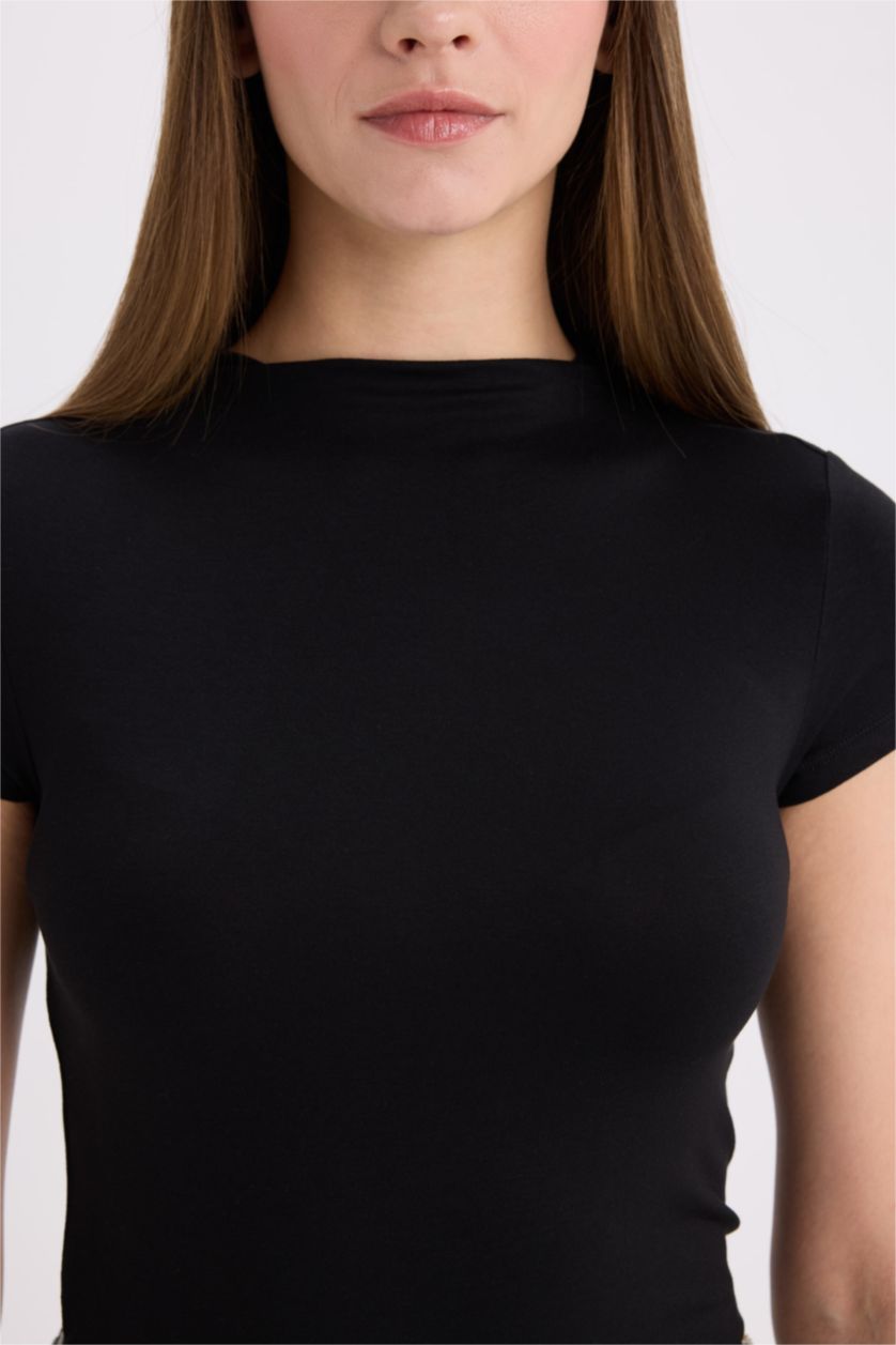 WOMAN Black Slim Fit Half Turtleneck Basic Short Sleeve T-Shirt