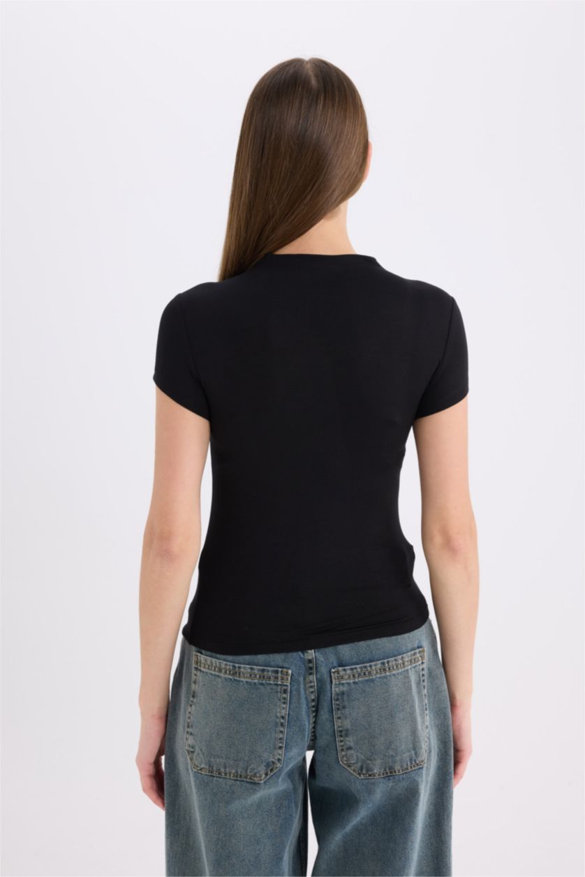 WOMAN Black Slim Fit Half Turtleneck Basic Short Sleeve T-Shirt