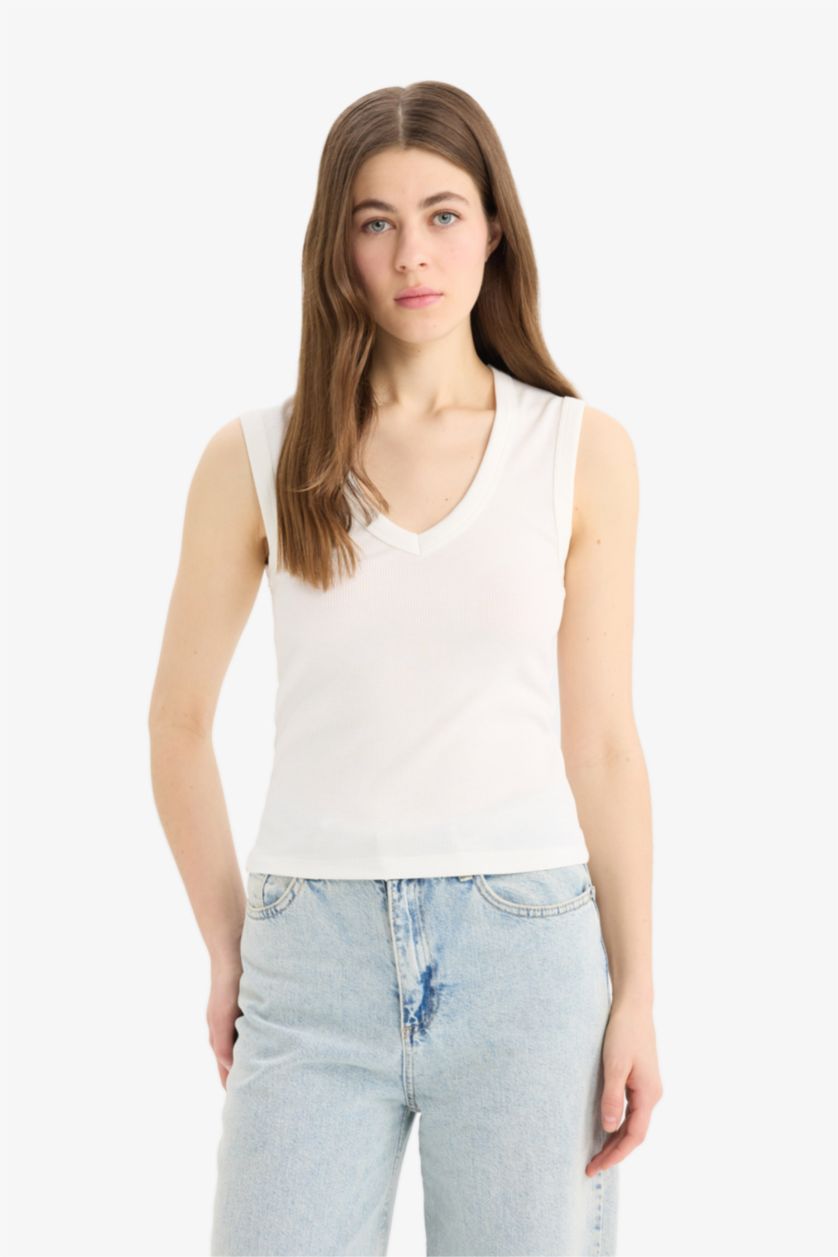 WOMAN Ecru Slim Fit Ribana V-Neck Tank Top