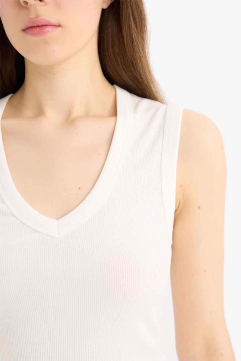 WOMAN Ecru Slim Fit Ribana V-Neck Tank Top