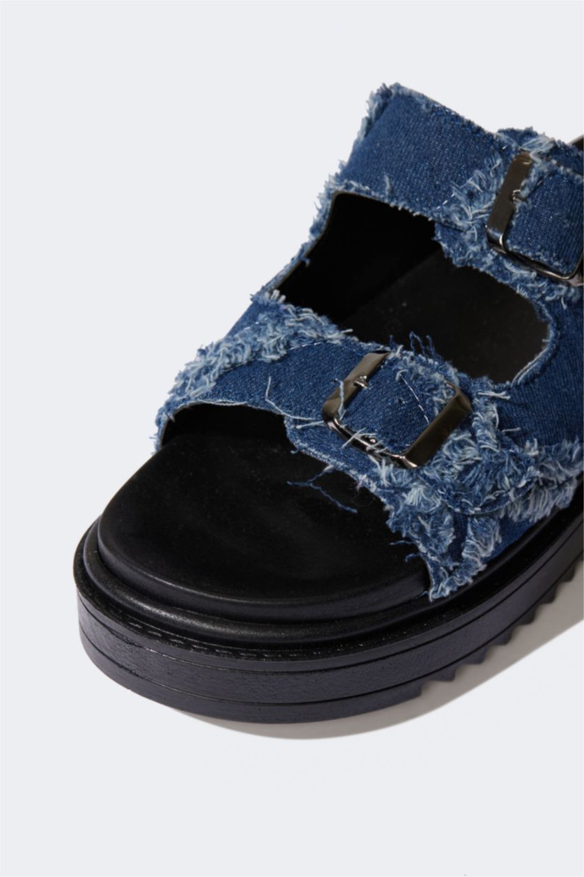 Kadın Mavi Kadın Düz Taban Çift Bantlı Jean Terlik