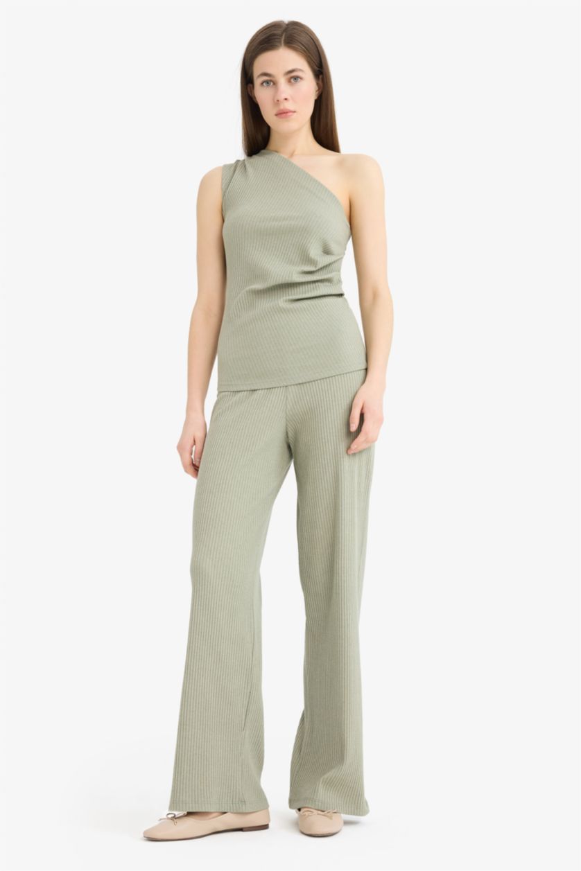 WOMAN Green Slim Fit Camisole One Shoulder Tank Top