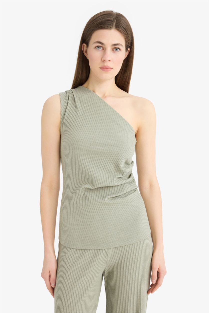 WOMAN Green Slim Fit Camisole One Shoulder Tank Top