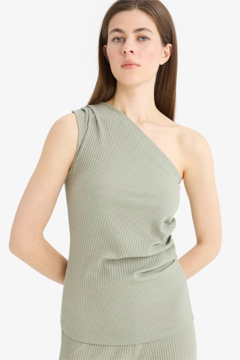 WOMAN Green Slim Fit Camisole One Shoulder Tank Top