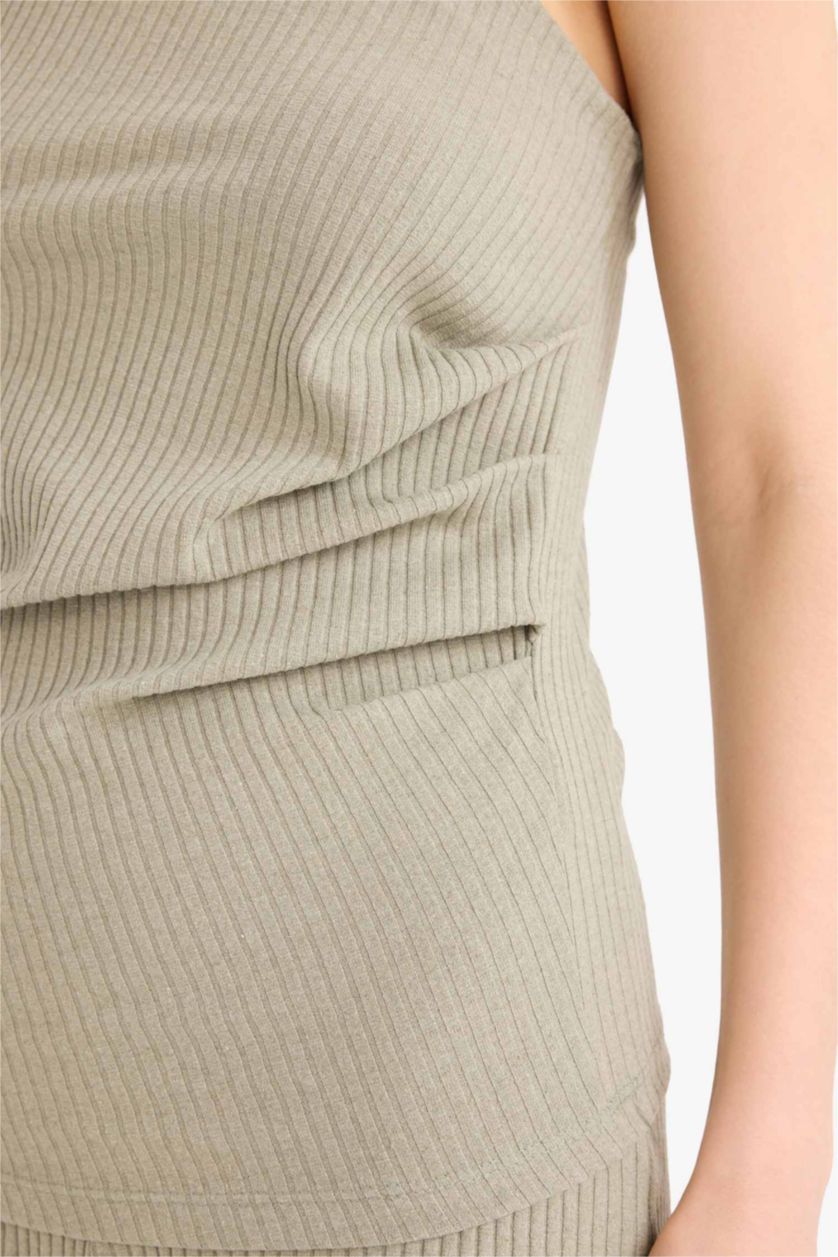 WOMAN Green Slim Fit Camisole One Shoulder Tank Top