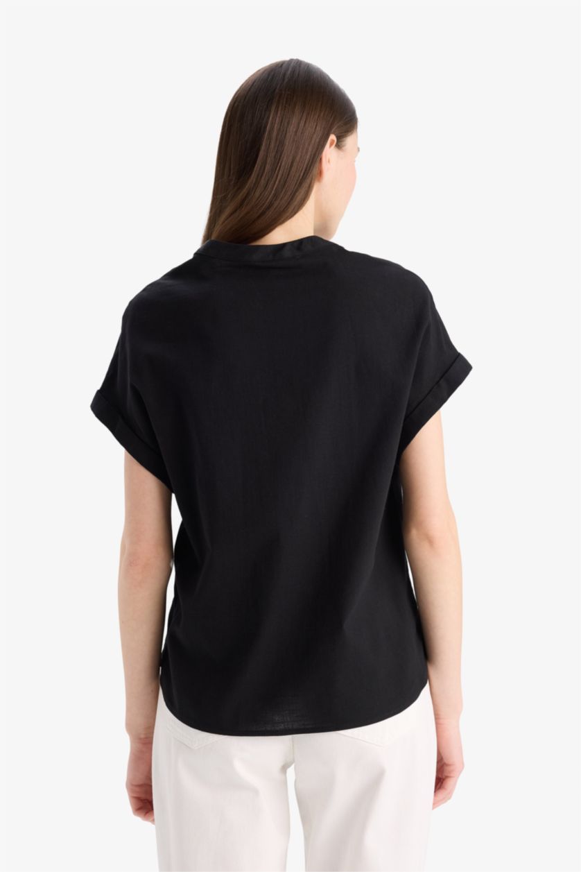 حريمي أسود بلوزة نص كم قطن قصة عادية برقبة مستديرة