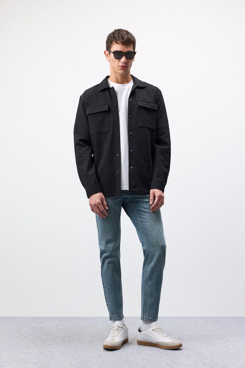 Erkek Mavi Slim Tapered Fit Dar Kalıp Normal Bel Daralan Paça Jean Pantolon