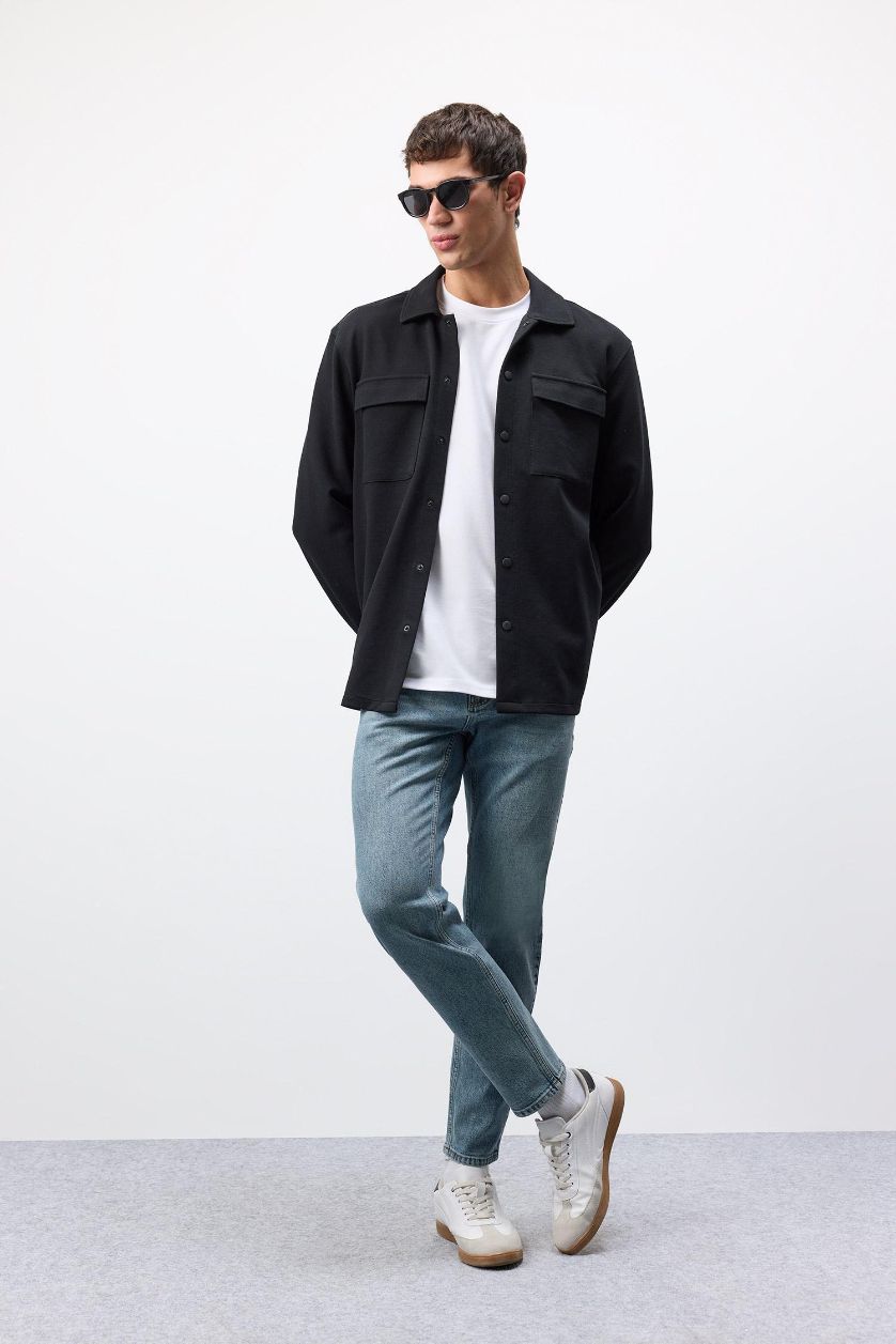 Erkek Mavi Slim Tapered Fit Dar Kalıp Normal Bel Daralan Paça Jean Pantolon