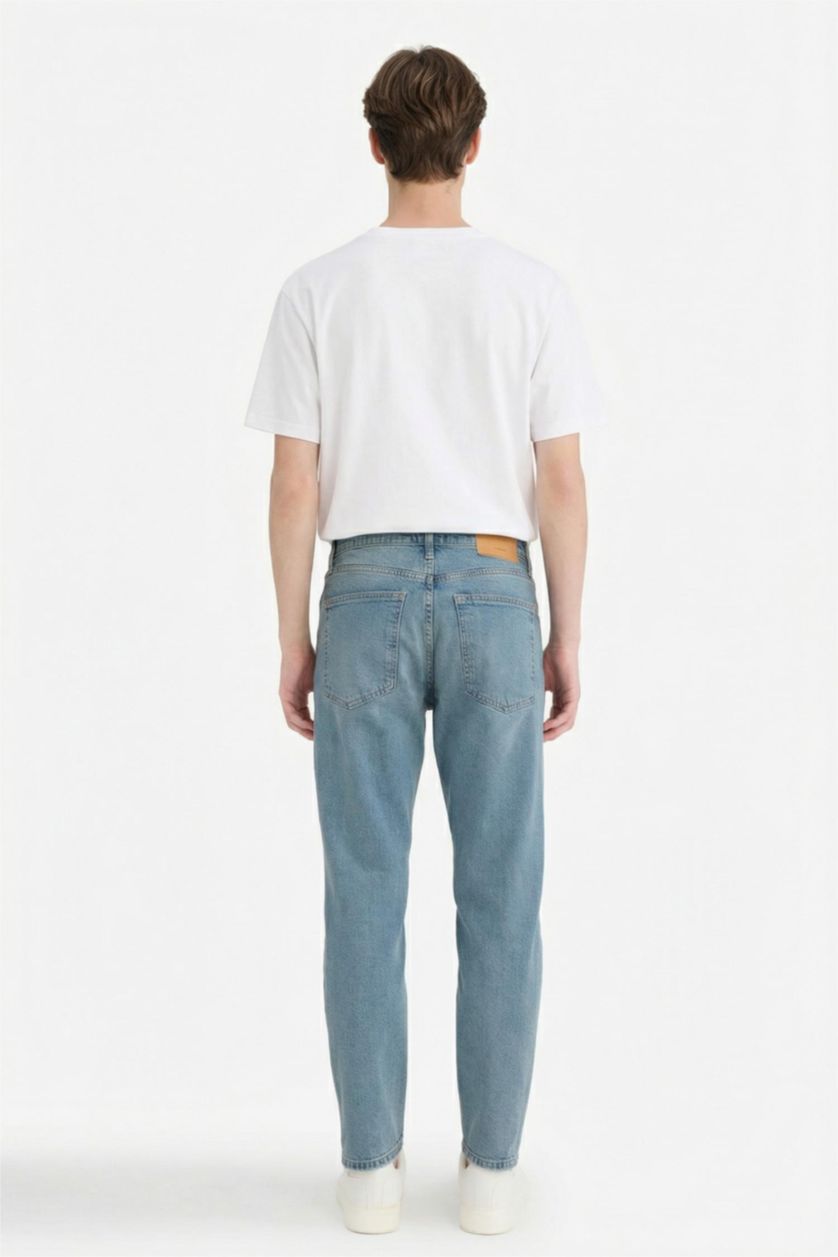 Erkek Mavi Slim Tapered Fit Dar Kalıp Normal Bel Daralan Paça Jean Pantolon