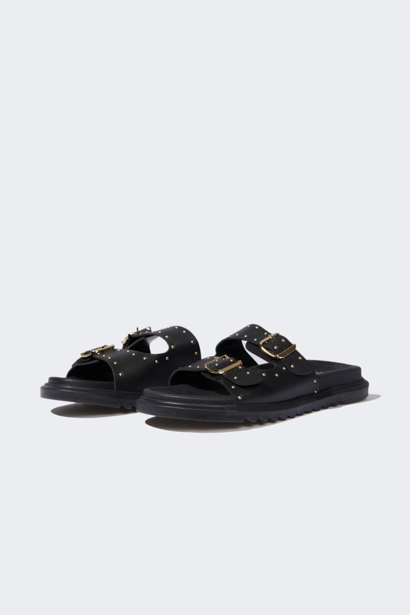 Kadın Siyah Kadın Düz Taban Çift Bantlı Suni Deri Terlik