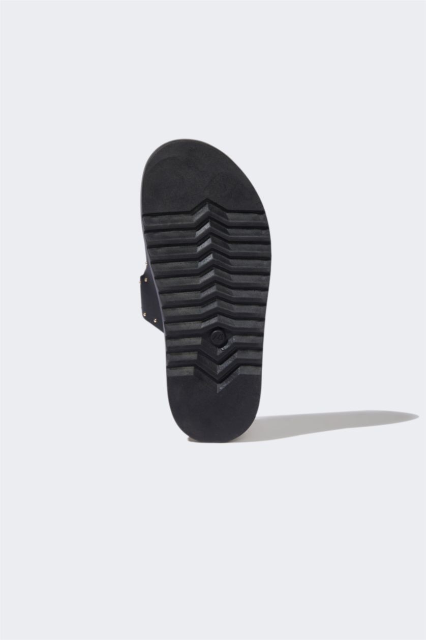 Kadın Siyah Kadın Düz Taban Çift Bantlı Suni Deri Terlik