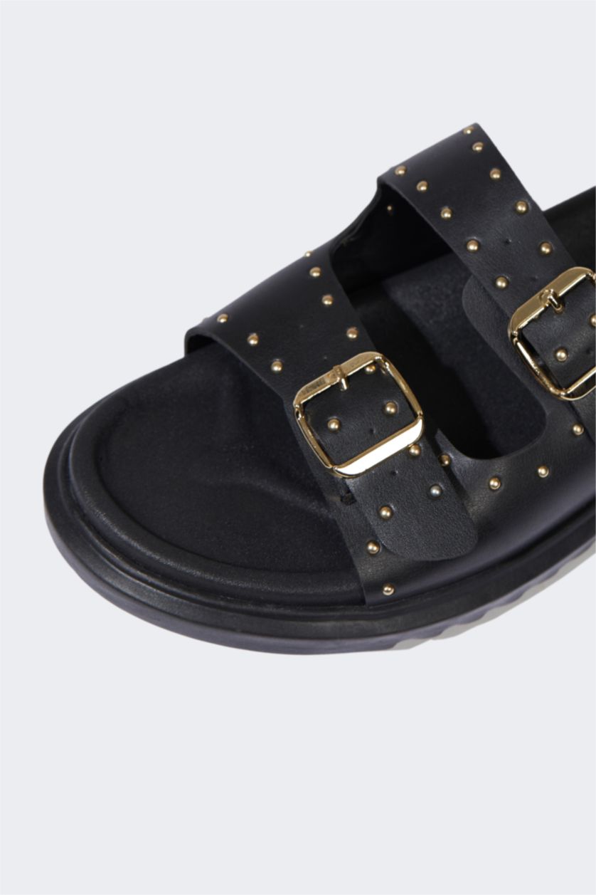 Kadın Siyah Kadın Düz Taban Çift Bantlı Suni Deri Terlik