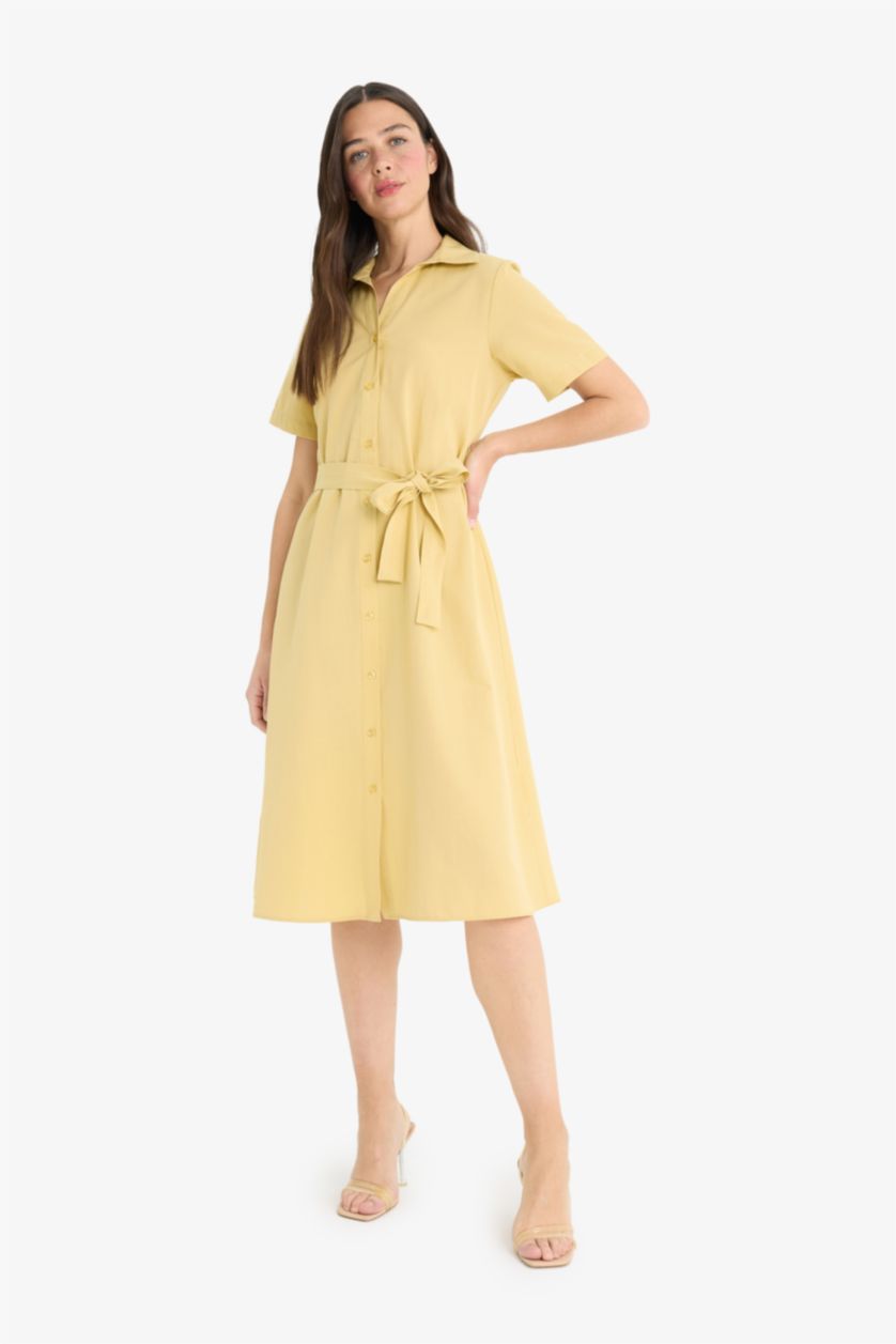 Woman Yellow A Cut Shirt Collar Belted Poplin Short Sleeve Midi Dress