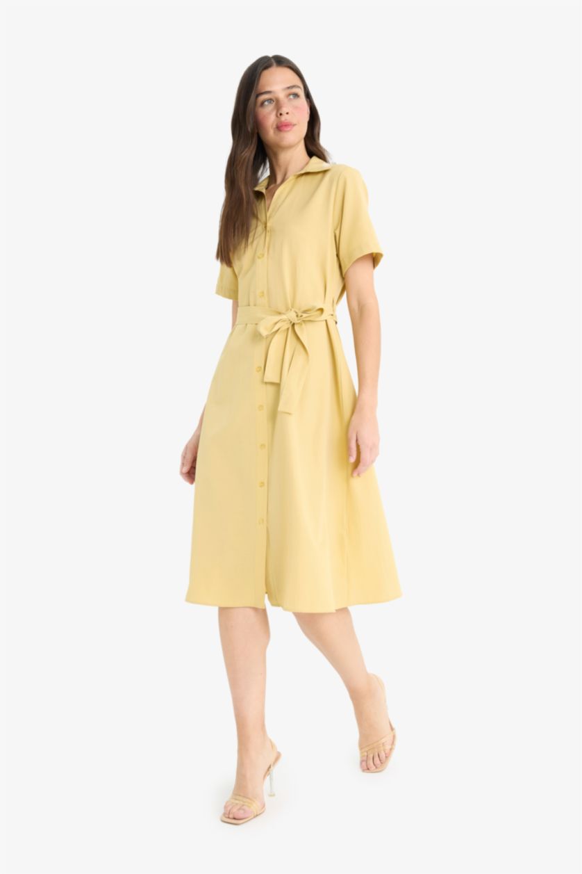 Woman Yellow A Cut Shirt Collar Belted Poplin Short Sleeve Midi Dress