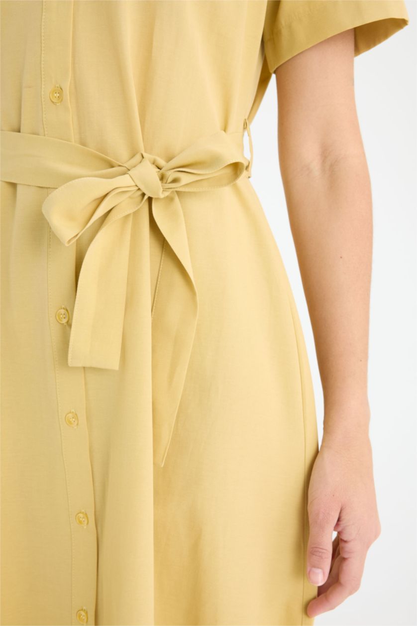 Woman Yellow A Cut Shirt Collar Belted Poplin Short Sleeve Midi Dress