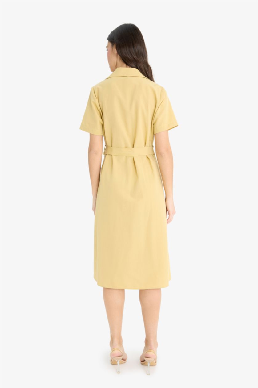 Woman Yellow A Cut Shirt Collar Belted Poplin Short Sleeve Midi Dress