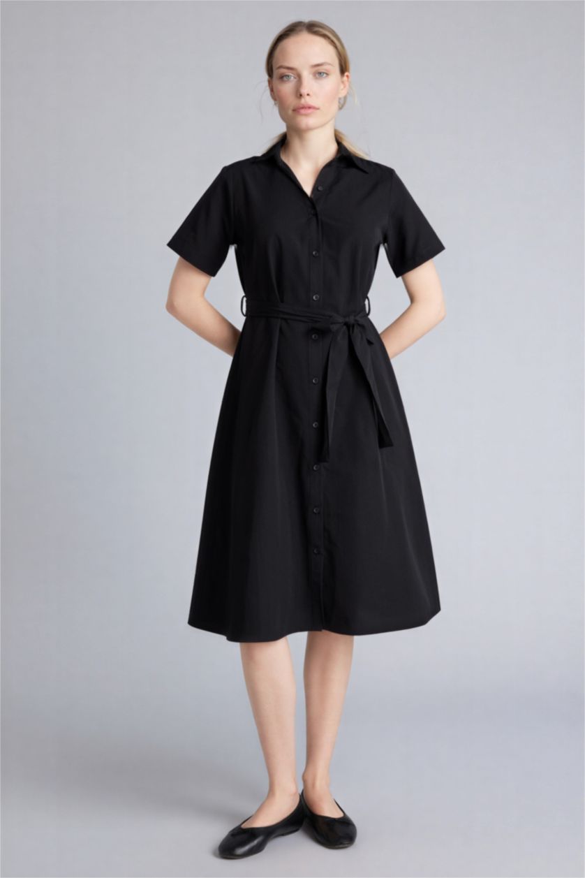 WOMAN Black A-Line Shirt Collar Poplin Short Sleeve Dress